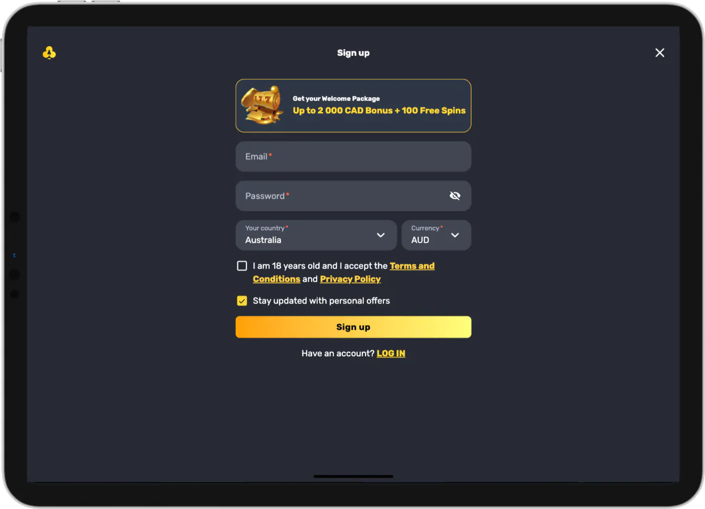 RocketPlay casino app displayed on an iPad Pro screen