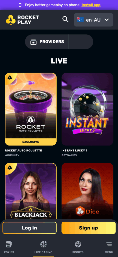 Rocket Play Casino Mobile App Interface