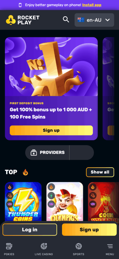 Rocket Play Casino Mobile App Interface