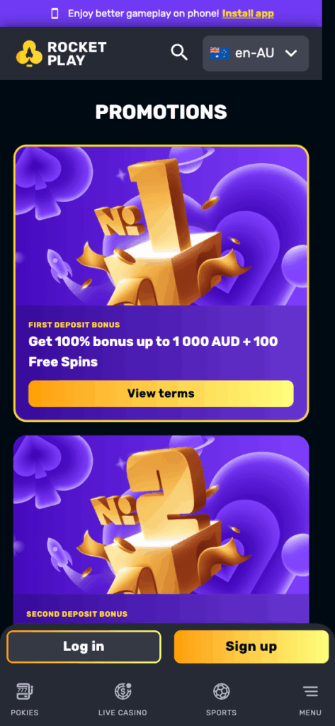 Rocket Play Casino Mobile App Interface